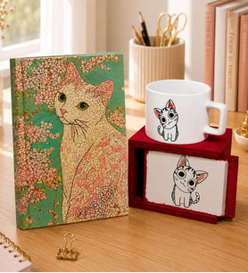 Kedi Çiçeği Tasarım Defter & Sevimli Kedi Ahşap Kutulu Kupa