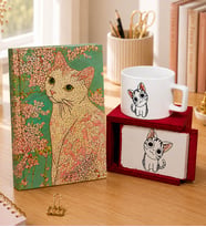 Kedi Çiçeği Tasarım Defter & Sevimli Kedi Ahşap Kutulu Kupa
