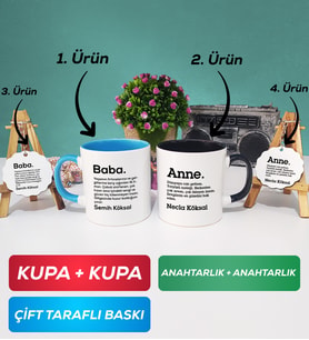 İkili Mavi Siyah Kişiye Özel Baba ve Anne Kupa Bardak Anahtarlık Hediye Seti