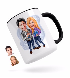BK Gift Kişiye Özel Sevgililer Karikatürlü Siyah Kupa Bardak-50
