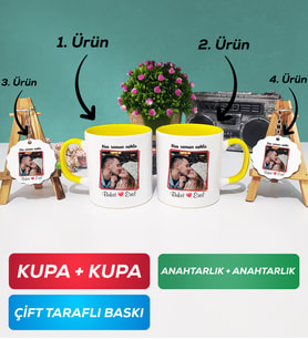 İkili Sarı Sevgiliye Sevgililer Günü Hediyesi 9 Kupa Bardak Anahtarlık