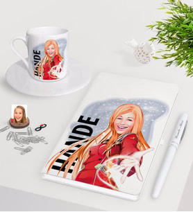 BK Gift Kişiye Özel Bayan Karikatürlü Beyaz Defter Kalem Türk Kahvesi Fincanı Seti-34 (Model 1)