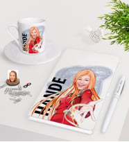 BK Gift Kişiye Özel Bayan Karikatürlü Beyaz Defter Kalem Türk Kahvesi Fincanı Seti-34 (Model 1)