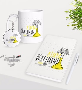 BK Gift Kişiye Özel Kimya Öğretmeni Kupa Anahtarlık Beyaz Defter Kalem Hediye Seti-5 (Model 1)