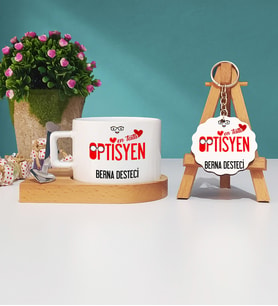 Mesajlı Optisyen Tasarımlı Kişiye Özel Optisyen Ahşap Altlıklı Fincan ve Anahtarlık Hediye Seti
