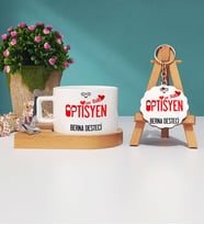 Mesajlı Optisyen Tasarımlı Kişiye Özel Optisyen Ahşap Altlıklı Fincan ve Anahtarlık Hediye Seti