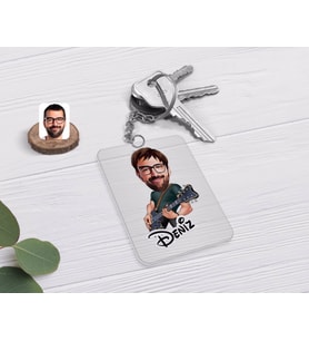 BK Gift Kişiye Özel Erkek Gitarist Karikatürlü Şeffaf Pleksi Anahtarlık (Beyaz)