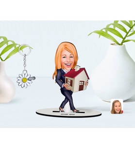 BK Gift Kişiye Özel Kadın Emlakçı Karikatürlü 3D Ahşap Biblo ve İsimli Silver Papatya Anahtarlık-1 (Model 1)