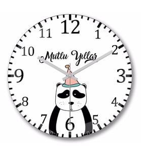 Sevimli Panda İle Mutlu Yıllar  Duvar Saati Bombeli Gercek Cam