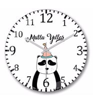 Sevimli Panda İle Mutlu Yıllar  Duvar Saati Bombeli Gercek Cam