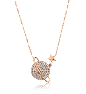 Papatya Silver Nano Zirkon Taşlı Gezegen Kolye Rose Altın Kaplama 925 Ayar Gümüş Kadın Kolye