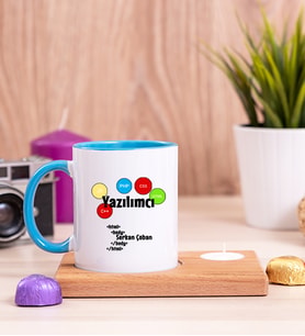 Yazılımcı Ahşap Altlıklı Mumlu Mavi Kupa Bardak