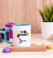 Yazılımcı Ahşap Altlıklı Mumlu Mavi Kupa Bardak