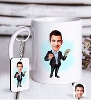 BK Gift Kişiye Özel Erkek Bankacı Karikatürlü Beyaz Kupa ve Anahtarlık Hediye Seti-1 (Model 1)