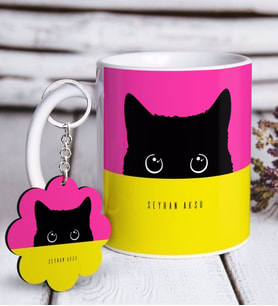 BK Gift Kişiye Özel Sevimli Kedi Beyaz Kupa ve Anahtarlık Hediye Seti-3 (Model 1)