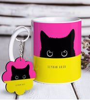 BK Gift Kişiye Özel Sevimli Kedi Beyaz Kupa ve Anahtarlık Hediye Seti-3 (Model 1)