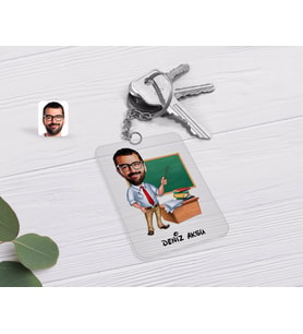 BK Gift Kişiye Özel Erkek Öğretmen Karikatürlü Şeffaf Pleksi Anahtarlık-1 (Beyaz)