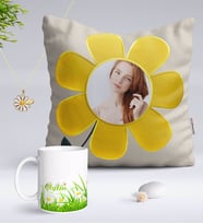 BK Gift Kişiye Özel Fotoğraflı Papatya Yastık Kupa ve İsimli Papatya Kolye-3 (Model 1)