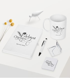 BK Gift Kişiye Özel Edebiyat Öğretmeni Temalı Beyaz Defter Kalem Kupa Ayna Seti - 3