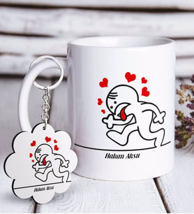 BK Gift Kişiye Özel Aşık Çöp Adam Beyaz Kupa ve Anahtarlık Hediye Seti (Model 1)