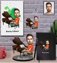 Kişiye Özel Piyanist Karikatürlü 5 li Hediye Seti Bay-1