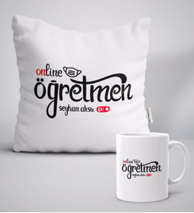 BK Gift Kişiye Özel Online Öğretmen Beyaz Yastık Kupa Seti-1 (Model 1)