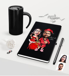BK Gift Kişiye Özel Sevgililer Karikatürlü Siyah Defter Kalem Termos Mug Seti - 5