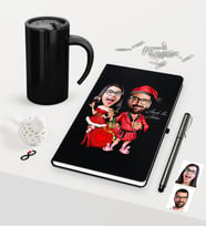 BK Gift Kişiye Özel Sevgililer Karikatürlü Siyah Defter Kalem Termos Mug Seti - 5