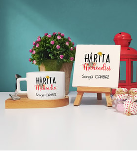 Harita Mühendisi Ahşap Altlıklı Fincan ve Dekoratif Taş Baskı Seti