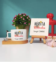 Harita Mühendisi Ahşap Altlıklı Fincan ve Dekoratif Taş Baskı Seti