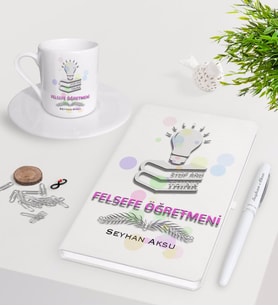 BK Gift Kişiye Özel Felsefe Öğretmeni Beyaz Defter Kalem Türk Kahvesi Fincanı Seti-2 (Model 1)