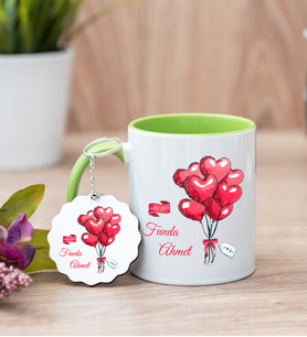 Sevgililere Özel Balon Tasarım Yeşil Kupa Bardak Ve Anahtarlık Set