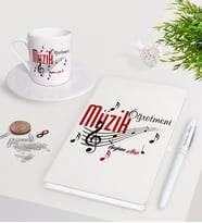 BK Gift Kişiye Özel Müzik Öğretmeni Beyaz Defter Kalem Türk Kahvesi Fincanı Seti (Model 1)
