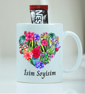 İsme Özel Kaktüs Kalp Desenli Kupa Bardak - Nescafe Hediyeli