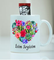 İsme Özel Kaktüs Kalp Desenli Kupa Bardak - Nescafe Hediyeli