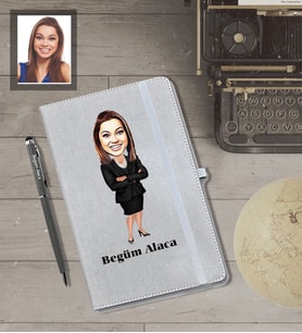 Kişiye Özel İş Kadını Karikatürlü Gri Defter Kalem Hediye Seti  Bayan-24