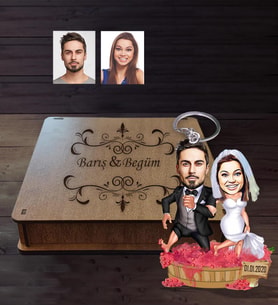 Kişiye Özel Gelin Damat Karikatürlü Ahşap Anahtarlık Kutulu  Mod-4