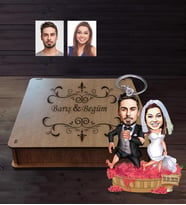 Kişiye Özel Gelin Damat Karikatürlü Ahşap Anahtarlık Kutulu  Mod-4
