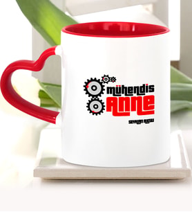 BK Gift Kişiye Özel Mühendis Anne Kırmızı Kalpli Kupa Bardak  1