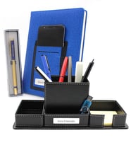 Kişiye Özel Telefon Cepli Mavi Defter & Gold Detaylı Roller Kalem & Masaüstü Kalemlik Hediye Seti (Mavi)