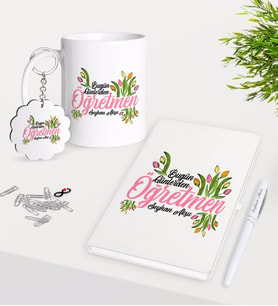 BK Gift Kişiye Özel Bugün Günlerden Öğretmen Kupa Anahtarlık Beyaz Defter Kalem Hediye Seti-1 (Model 1)