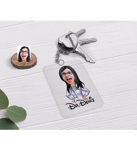 BK Gift Kişiye Özel Kadın Doktor Karikatürlü Şeffaf Pleksi Anahtarlık-1 (Beyaz)