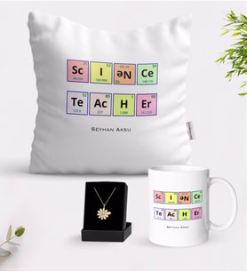 BK Gift Kişiye Özel Fen Bilimleri Öğretmeni Beyaz Kupa Yastık ve İsimli Papatya Kolye Hediye Seti-3 (Model 1)