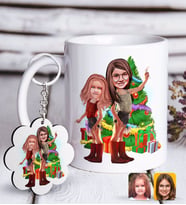 BK Gift Kişiye Özel Yeni Yıl Kız Kardeşler Karikatürlü Beyaz Kupa ve Anahtarlık Hediye Seti-2 (Model 1)