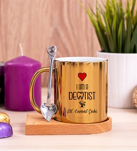 Dentist Ahşap Altlıklı Gold Kupa Bardak