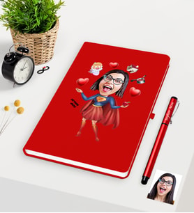 BK Gift Kişiye Özel Süper Anne Karikatürlü Kırmızı Defter Kalem Seti