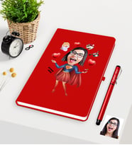 BK Gift Kişiye Özel Süper Anne Karikatürlü Kırmızı Defter Kalem Seti