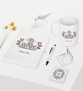 BK Gift Kişiye Özel Yılın En İyi Öğretmeni Temalı Beyaz Defter Kalem Kupa Ayna Seti - 2