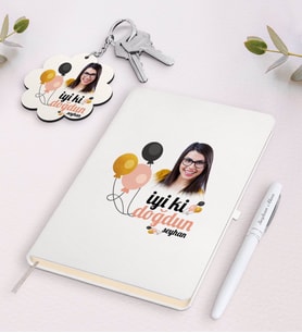 BK Gift Kişiye Özel Fotoğraflı Doğum Günü Beyaz Defter Kalem ve Anahtarlık Hediye Seti-11 (Model 1)