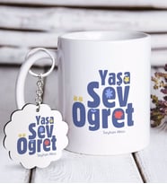 BK Gift Kişiye Özel Yaşa Sev Öğret Beyaz Kupa ve Anahtarlık Hediye Seti-2 (Model 1)